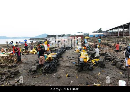 Lake Kivu at Goma, North Kivu Province; Mount Nyriagongo volcano in the ...