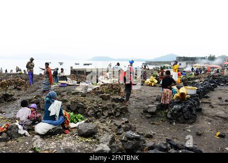 Lake Kivu at Goma, North Kivu Province; Mount Nyriagongo volcano in the ...