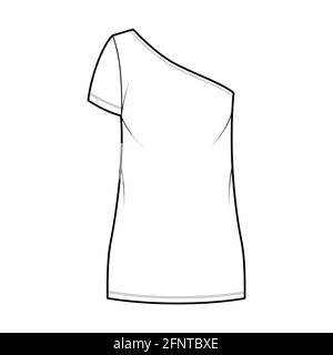 Dress one shoulder technical fashion illustration with short sleeve, oversized body, mini length pencil skirt. Flat apparel front, white color style. Women, men unisex CAD mockup Stock Vector