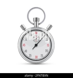 Realistic illustration of metallic chrome mechanical analog stopwatch on white background. Stock Vector