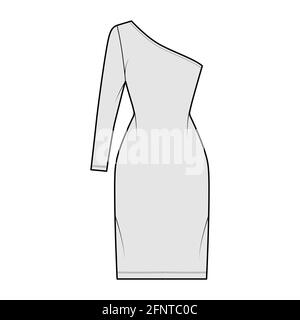 Dress one shoulder technical fashion illustration with long sleeve, fitted body, knee length pencil skirt. Flat apparel front, grey color style. Women, men unisex CAD mockup Stock Vector