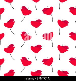 Seamless pattern with red poppy flowers on white background. Wild scarlet bloom ornament. Vector fabric print. Eco, floral, natural, love wallpaper. Stock Vector