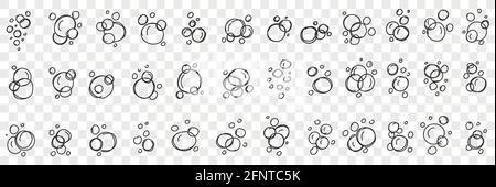 Soap bubbles shapes doodle set. Collection of hand drawn various shapes of soap frothy bubbles on water in rows isolated on transparent background  Stock Vector