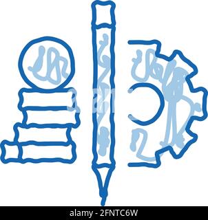 coin heap pen and mechanical gear doodle icon hand drawn illustration Stock Vector