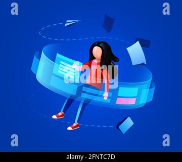 People fly around virtual monitor. Analyzing digital data, virtual reality and financial management. Vector illustration Stock Vector