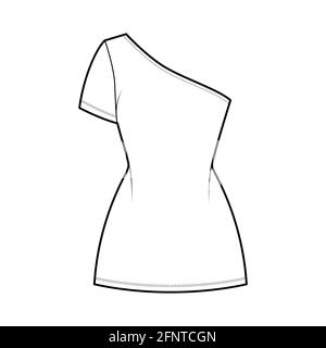 dress one shoulder technical fashion illustration with short sleeve fitted body mini length pencil skirt flat apparel front white color style women men unisex cad mockup 2fntcgn