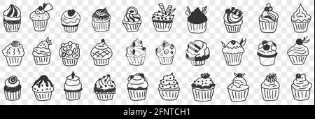 Tasty cupcakes dessert doodle set. Collection of hand drawn various cupcakes homemade with cream custard and decorations for events and birthday party in rows isolated on transparent background  Stock Vector