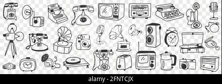 Retro and modern technical appliances doodle set. Collection of hand drawn various telephone teapot kettle television toaster electronic devices in rows isolated on transparent background  Stock Vector