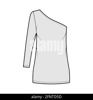Dress one shoulder technical fashion illustration with long sleeve, oversized body, mini length pencil skirt. Flat apparel front, grey color style. Women, men unisex CAD mockup Stock Vector
