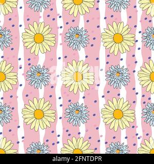 Vector pastel pink background daisy flowers, wild flowers and butterflies, insects. Seamless pattern background Stock Vector