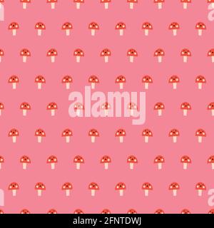 Seamless vector repeat pattern smiling cute mushroom fungi toadstool . Abstract simple mushrooms repeating background pink red. Surface pattern design Stock Vector