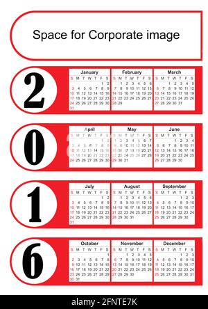 2016 vertical calendar with simply red graphic design. Eps 10 vector template with empty space for own corporate design. Stock Vector