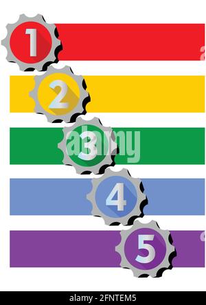 Infographic template for presentation of five options or steps with numbers in gear shapes. Blank frames for own message in multicolored design. Stock Vector