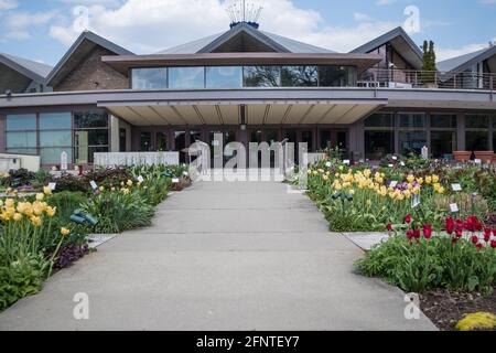 The entrance at Festival Theatre in Stratford, Ontario, Canada. South Lobby. View from the Arthur Meighen Gardens. Stock Photo