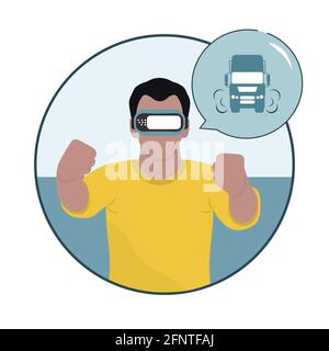Vector Illustration Man wearing virtual reality 3d glasses playing in virtual reality simulating car driving VR headset VR simulation Gaming Modern en Stock Vector