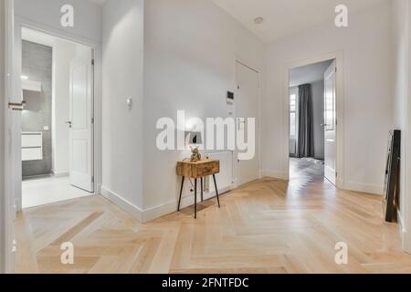 Minimalist style interior design of hallway with parquet floor and doors leading to rooms in modern apartment with geometric design Stock Photo