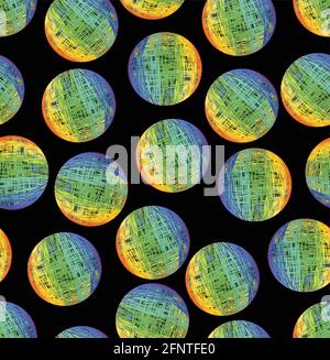 Vector background with colorful circle elements on black area. High contrasting background in grunge doodle design. Stock Vector