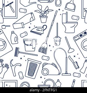 Vector Seamless pattern Illustration Cleaning Maid service Housekeeping Washing machine Mop Watering can Iron Vacuum cleaner Professional hygiene serv Stock Vector