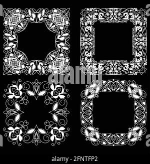 A set of lace square frames in art deco style, white drawing on black background. Suitable for decoration different prints in retro style Stock Vector