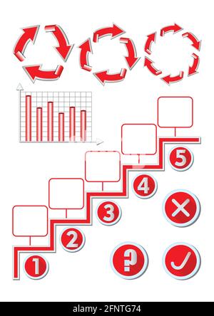 Infographic presentation template with a set of elements, cycle arow diagram, bar chart, five step process, yes no button, question mark button Stock Vector