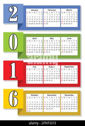 2016 vertical calendar with rainbow colorful vivid stripes, eps 10 vector Stock Vector