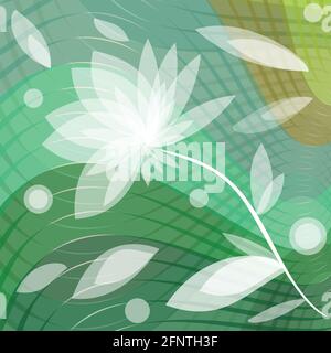 Abstract background with transparent flower and leafs on green wavy background Stock Vector