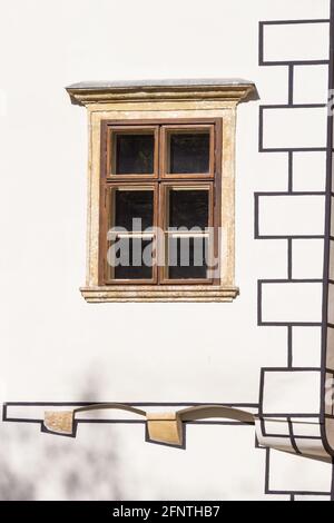 Medieval stone frame window on Gambrinus House, Sopron, Hungary Stock Photo