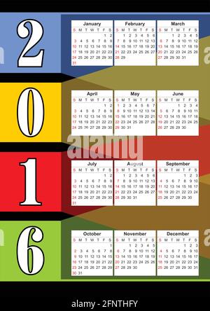 2016 vertical calendar with rainbow overlapping colorful stripes, eps 10 vector Stock Vector