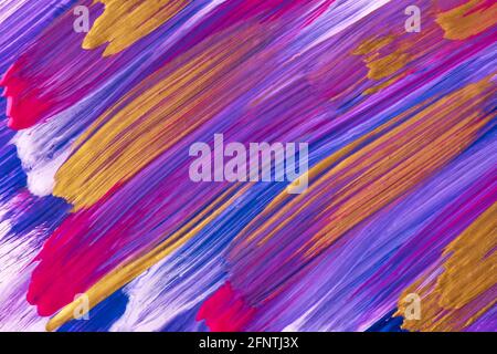 Abstract art background dark purple, golden and blue colors. Watercolor painting with violet strokes and splash. Acrylic artwork on paper with brushst Stock Photo