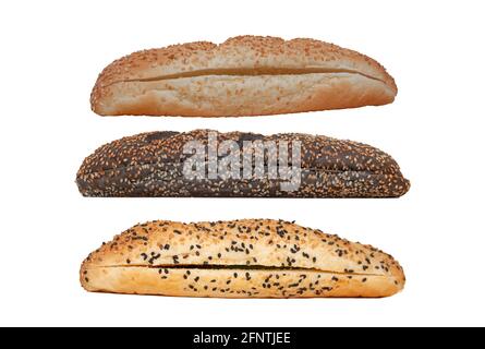 Sandwich loaf isolate on white background. Long hot dog roll. Sesame rolls are white and black. Side slit for filling. Bread for sandwiches different Stock Photo
