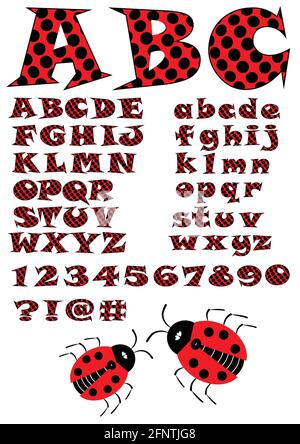 Alphabet in ladybug style, uppercase and lowercase letters in red and black design, numbers, question and exclamation mark and two ladybugs in additio Stock Vector