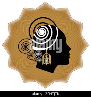 Women face profile silhouette with art deco golden earring on background in star shape. Promotional emblem for goldsmith and jewelry sale. Stock Vector