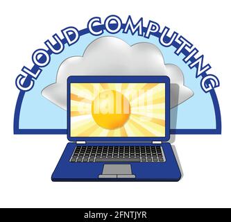 Cloud computing emblem with laptop, on display sun and behind display a natural cloud Stock Vector