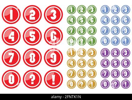 Set of white numbers in circle button includes five color variants, red, green, blue, yellow and purple. Included also button with question mark and e Stock Vector