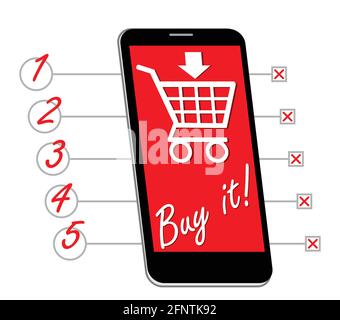 Smartphone with shopping cart, buy it inscription designed as shopping list with lines and numbers, EPS 10 vector Stock Vector