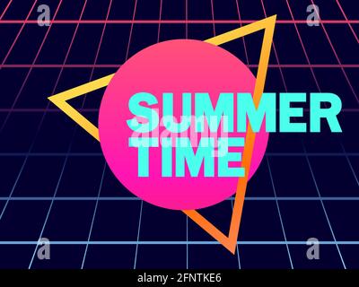 Summer time. 80s retro sun in a triangular frame. Synthwave and retro wave style. Grid virtual reality. Retro abstract background for banner and poste Stock Vector