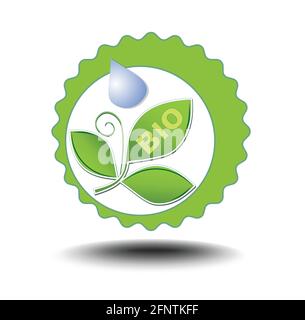 Circle bio product label with tree green leafs and drop of water. Motif in green gear with shadow. Stock Vector