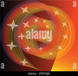 Blending vivid orange spirale with little stars.  Courageous avant-garde design element corresponds well with the black background Stock Vector