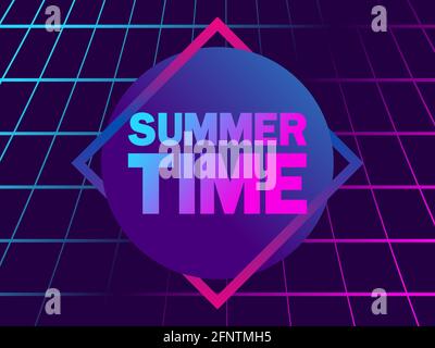 Summer time. 80s retro sun in a triangular frame. Synthwave and retro wave style. Grid virtual reality. Retro abstract background for banner and poste Stock Vector