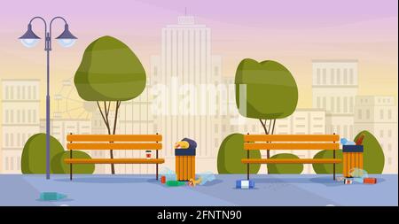 Plastic bottles, bags and other garbage on the street. Dirty street or city park with rubbish bins overflowing with of trash. Vector illustration in f Stock Vector