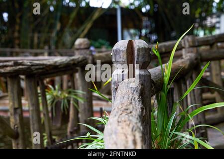 Close-up of stone carvings on the railing of the bridge on the lake Stock Photo