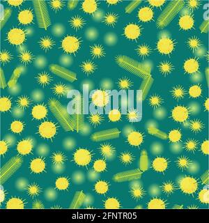 Flowers and leaves of mimosa. Seamless Pattern. Spring flowers. International Womens Day. For flyers, banners, invitations. Green Background Stock Vector