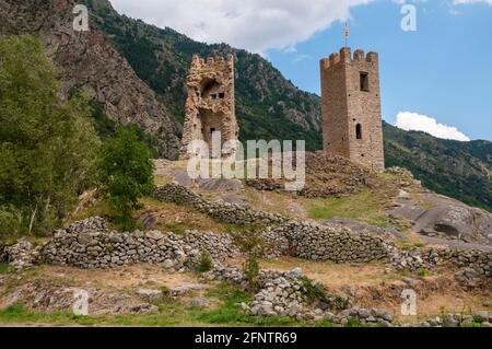 Medieval towers of the fortified castle of Carol, Catalan Pyrenees Regional National Park, Pyrenees-Orientales (66), Occitanie region, France Stock Photo