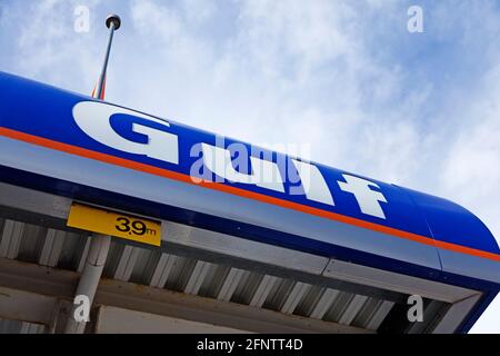 Umea, Norrland Sweden - May 2, 2021: a Gulf sign hanging at a gas station Stock Photo