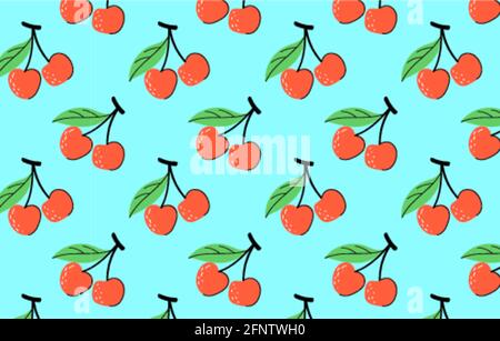 pattern with cherry fruit on blue background Stock Vector
