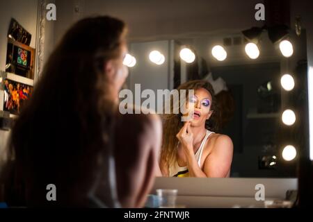 Willam From Rupaul S Drag Race Star Of West End Comedy Death Drop Puts On A Dress In Her Dressing Room At The Garrick Theatre London As The Theatre Prepares To Re Open Following