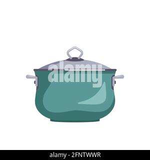 Icon of a green saucepan with a lid. Kitchen utensils for cooking lunch, soup Stock Vector