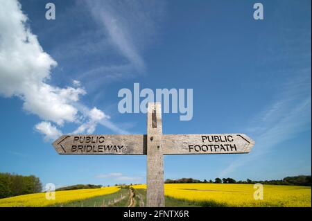 Public footpath and public bridalway sign on a wooden post in the countryside with a blue sky. Stock Photo