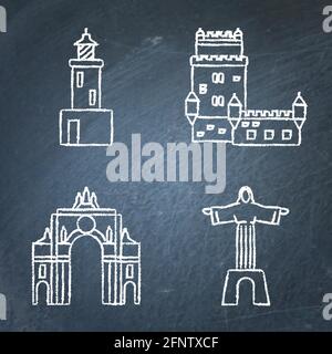 Collection of Portugal icons on chalkboard. Architecture symbols set including Belem tower, rua Augusta arch, lighthouse and Christ statue. Vector ill Stock Vector