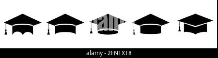 Set of graduation student black cap icons. Vector isolated on white background Stock Vector